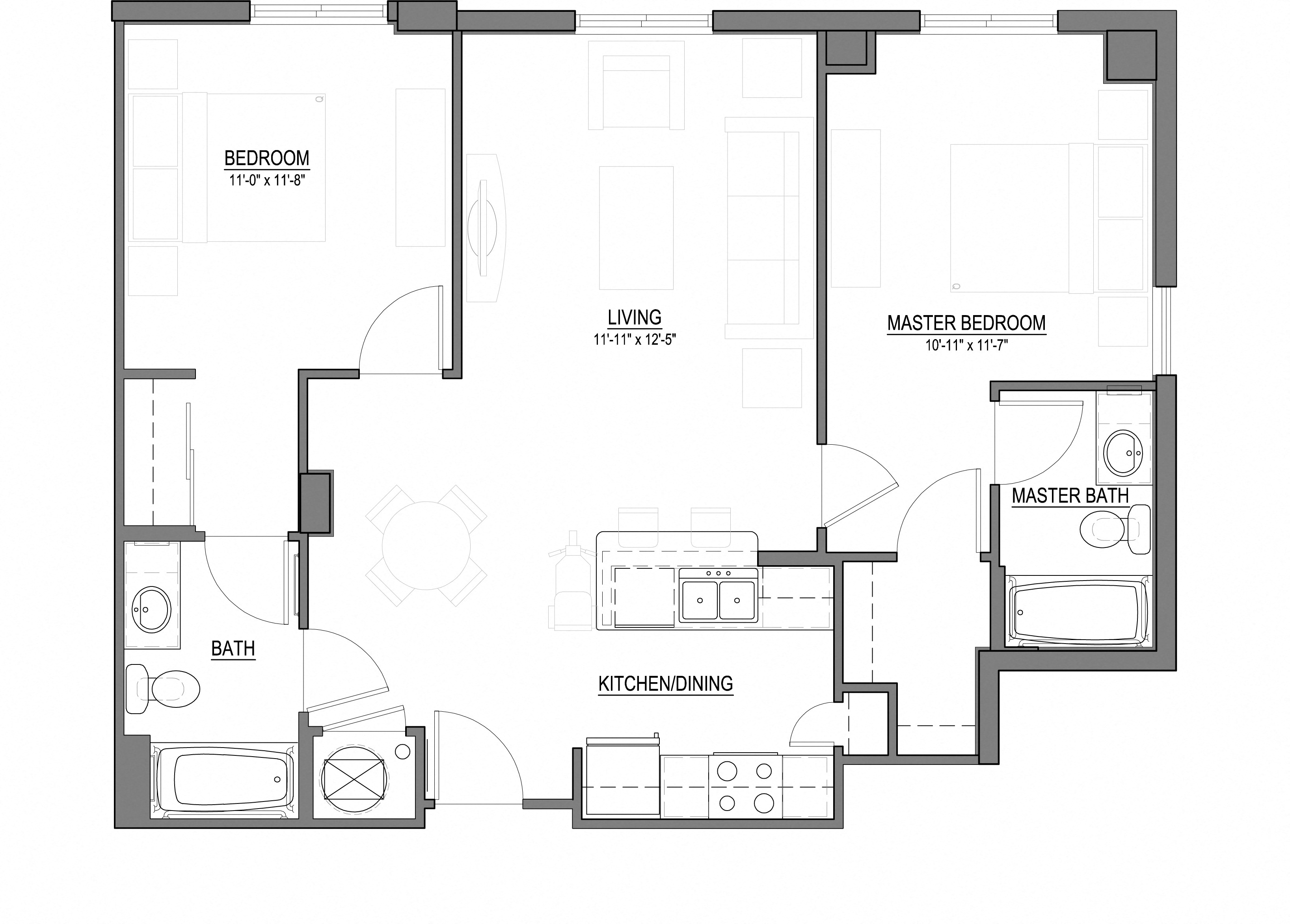 Floor plan for 2 beds, 2 baths, 960 sqft